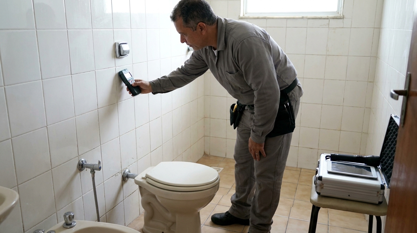 Técnico de caça vazamento analisando tubulação em Gravataí‑RS